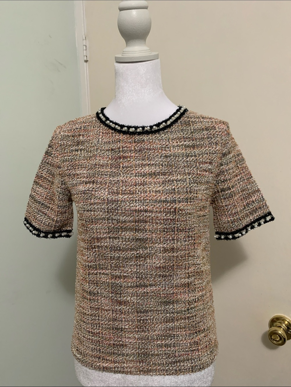 Zara Beige Tweed Short-Sleeve Top with Black Trim